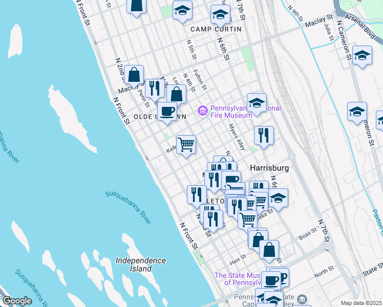 map of restaurants, bars, coffee shops, grocery stores, and more near 1706 Susquehanna Street in Harrisburg