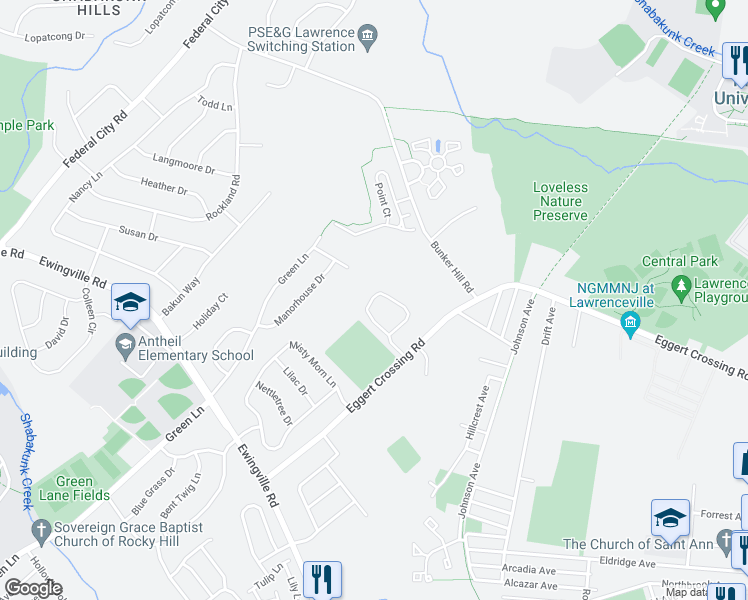 map of restaurants, bars, coffee shops, grocery stores, and more near Schindler Court in Lawrence Township
