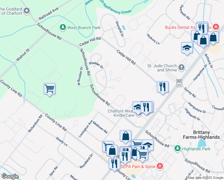 map of restaurants, bars, coffee shops, grocery stores, and more near 206 Pebble Court in Chalfont