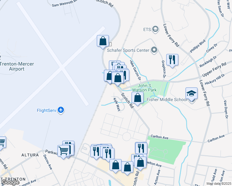 map of restaurants, bars, coffee shops, grocery stores, and more near Kyle Way in Ewing Township