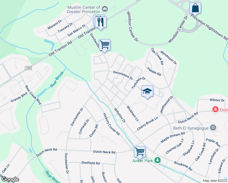 map of restaurants, bars, coffee shops, grocery stores, and more near 46 Wiltshire Drive in Hightstown