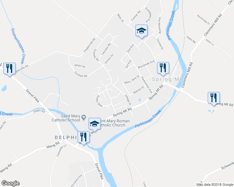 map of restaurants, bars, coffee shops, grocery stores, and more near 71 Village Drive in Schwenksville