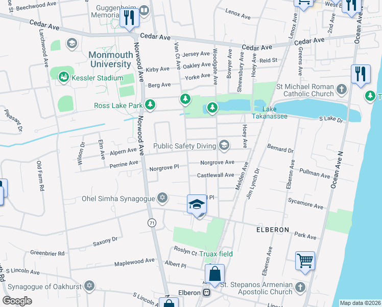 map of restaurants, bars, coffee shops, grocery stores, and more near 264 Norgrove Avenue in Long Branch