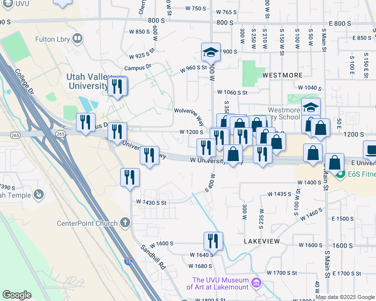 map of restaurants, bars, coffee shops, grocery stores, and more near 487 West 1250 South in Orem