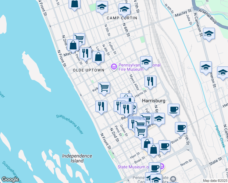 map of restaurants, bars, coffee shops, grocery stores, and more near in Harrisburg