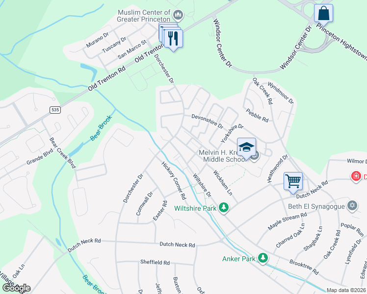 map of restaurants, bars, coffee shops, grocery stores, and more near 5 Wickham Drive in East Windsor