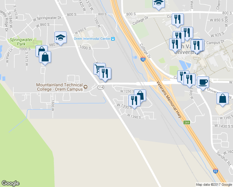 map of restaurants, bars, coffee shops, grocery stores, and more near 1260 South 1220 West in Orem