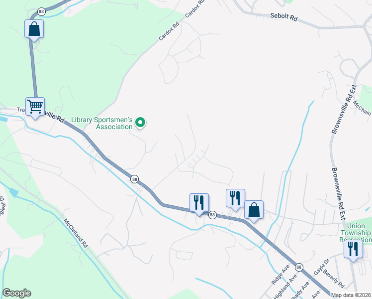 map of restaurants, bars, coffee shops, grocery stores, and more near 205 Woods Edge in Finleyville