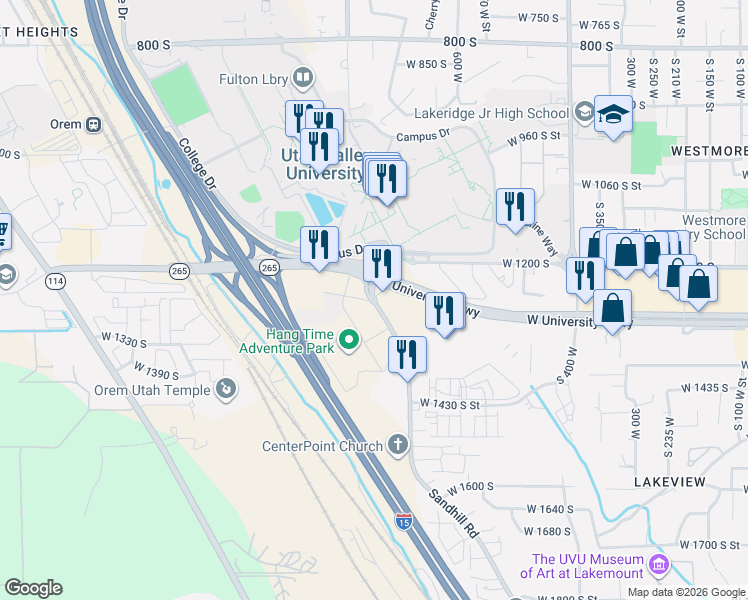 map of restaurants, bars, coffee shops, grocery stores, and more near 1265 Sandhill Road in Orem