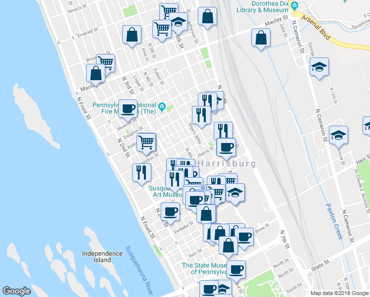 map of restaurants, bars, coffee shops, grocery stores, and more near 1630 North 4th Street in Harrisburg