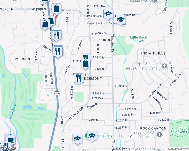 map of restaurants, bars, coffee shops, grocery stores, and more near 3010 North Canyon Road in Provo