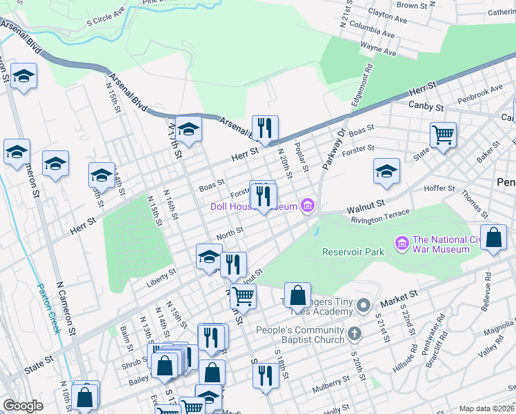 map of restaurants, bars, coffee shops, grocery stores, and more near 1836 North Street in Harrisburg