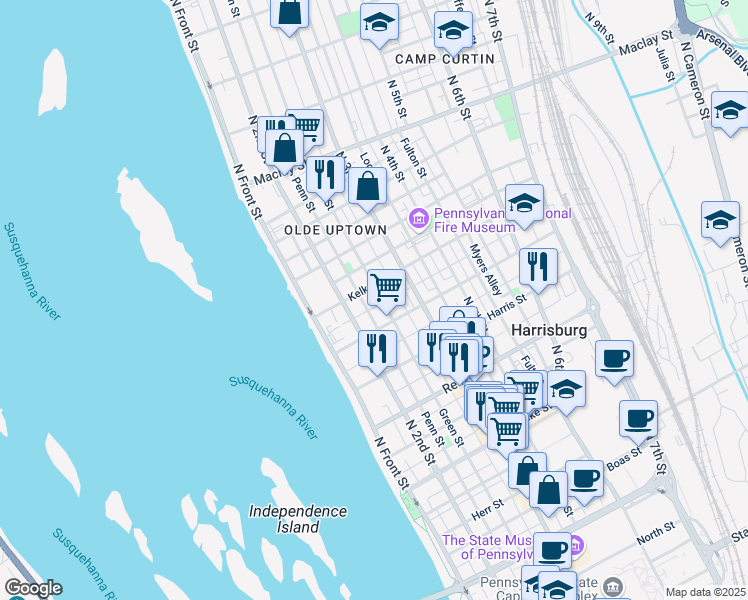 map of restaurants, bars, coffee shops, grocery stores, and more near 1704 Penn Street in Harrisburg