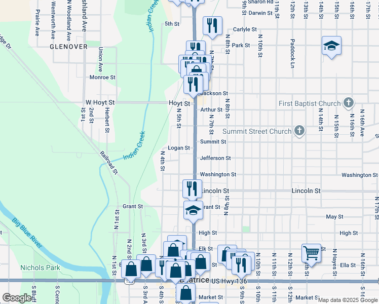 map of restaurants, bars, coffee shops, grocery stores, and more near in Beatrice