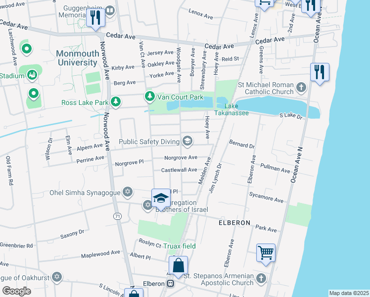 map of restaurants, bars, coffee shops, grocery stores, and more near 944 Woodgate Avenue in Long Branch