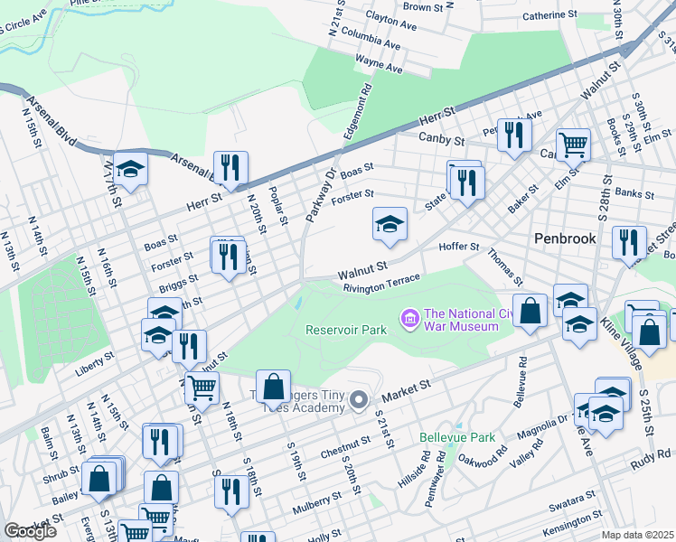map of restaurants, bars, coffee shops, grocery stores, and more near 2104 Walnut Street in Harrisburg