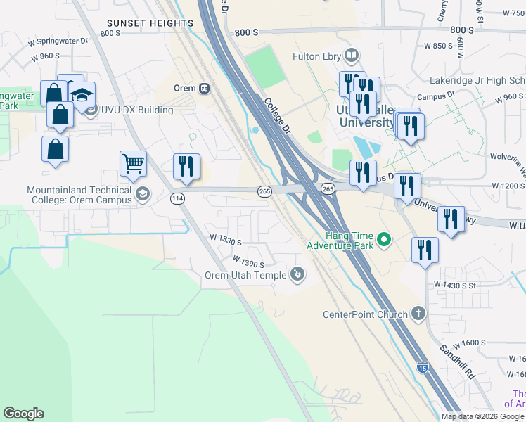 map of restaurants, bars, coffee shops, grocery stores, and more near 1094 West 1290 South in Orem