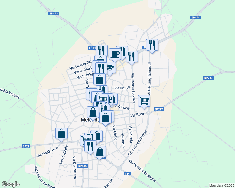 map of restaurants, bars, coffee shops, grocery stores, and more near 61 Via Giuseppe Garibaldi in Melendugno