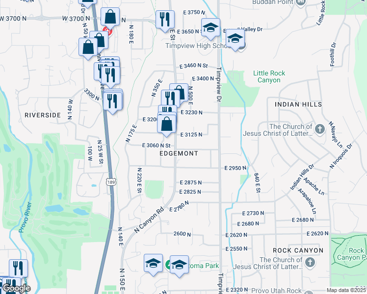 map of restaurants, bars, coffee shops, grocery stores, and more near 3010 North Canyon Road in Provo