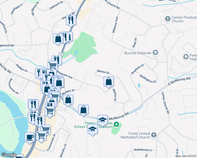 map of restaurants, bars, coffee shops, grocery stores, and more near 210 Marion Drive in McMurray