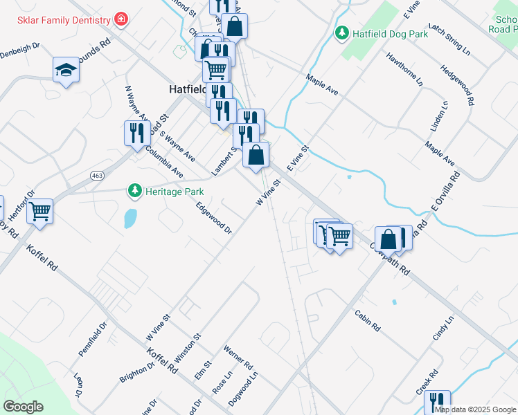 map of restaurants, bars, coffee shops, grocery stores, and more near 72 West Vine Street in Hatfield