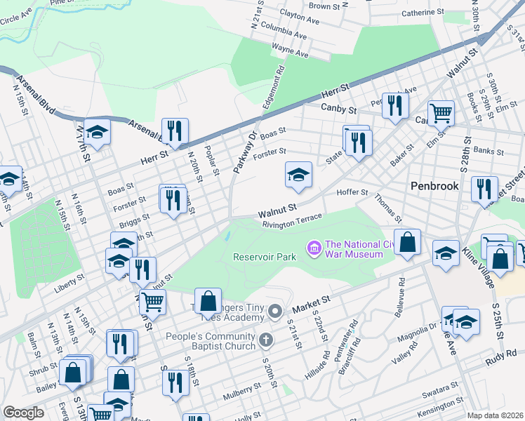 map of restaurants, bars, coffee shops, grocery stores, and more near 2103 Rivington Terrace in Harrisburg