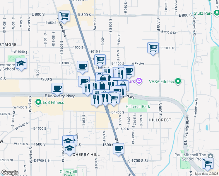 map of restaurants, bars, coffee shops, grocery stores, and more near 474 Utah 265 in Orem