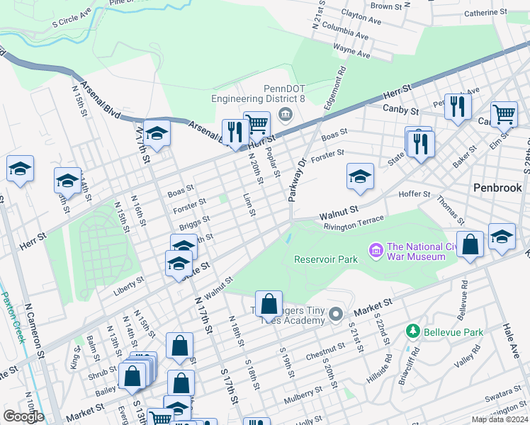 map of restaurants, bars, coffee shops, grocery stores, and more near 1942 North Street in Harrisburg