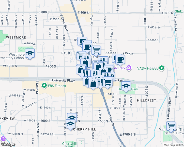 map of restaurants, bars, coffee shops, grocery stores, and more near 396 East University Parkway in Orem