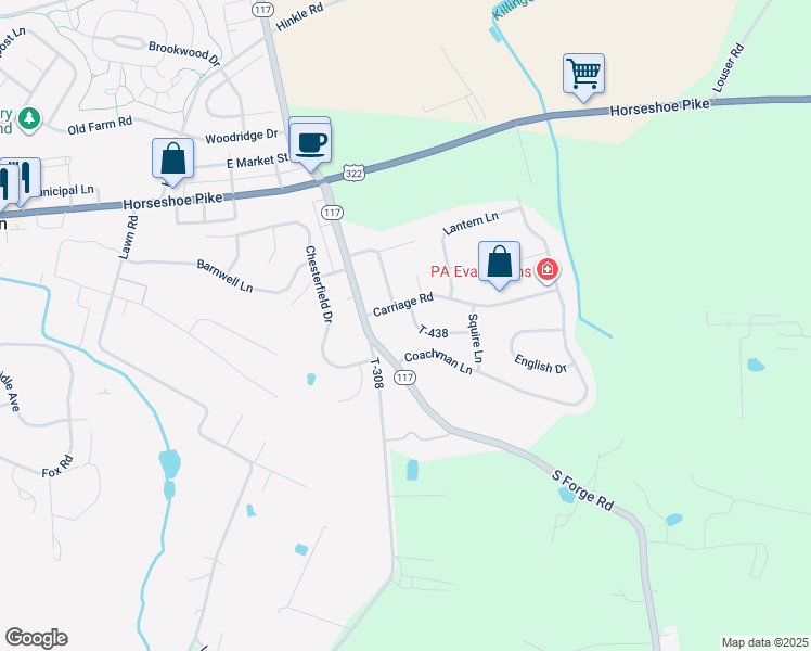 map of restaurants, bars, coffee shops, grocery stores, and more near 6 Behrens Drive in Palmyra