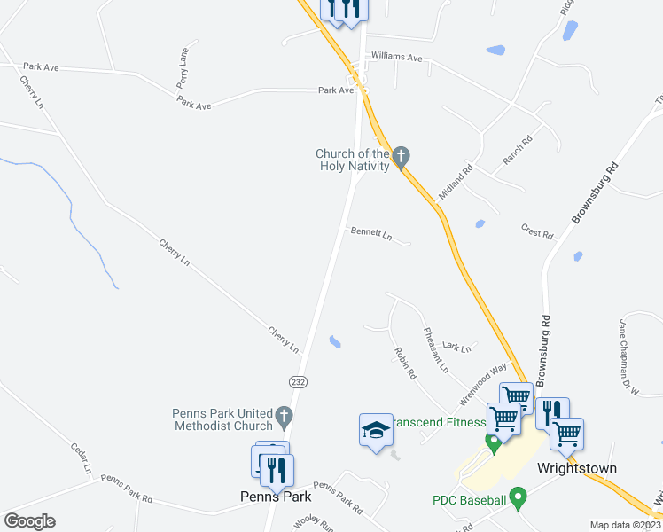map of restaurants, bars, coffee shops, grocery stores, and more near 2560 2nd Street Pike in Newtown