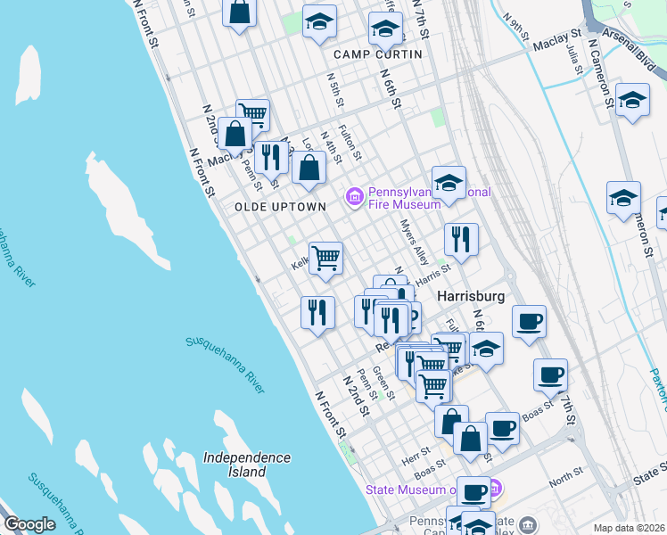 map of restaurants, bars, coffee shops, grocery stores, and more near in Harrisburg