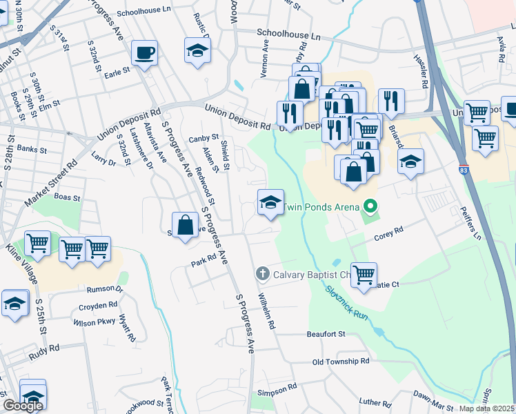 map of restaurants, bars, coffee shops, grocery stores, and more near 624 Wilhelm Rd in Harrisburg