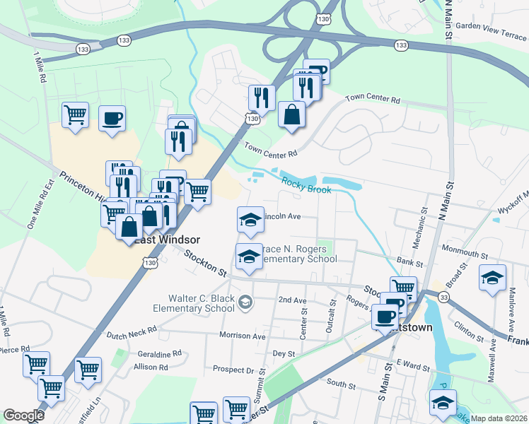 map of restaurants, bars, coffee shops, grocery stores, and more near 5 Rocky Brook Court in Hightstown