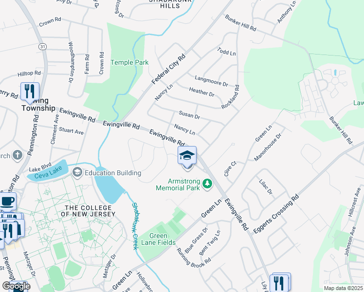 map of restaurants, bars, coffee shops, grocery stores, and more near 213 Nancy Lane in Ewing Township