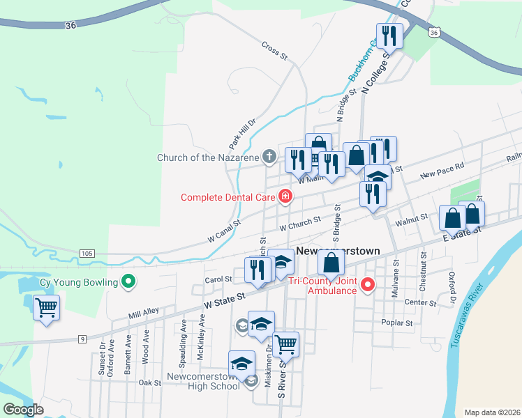 map of restaurants, bars, coffee shops, grocery stores, and more near 204 North Goodrich Street in Newcomerstown