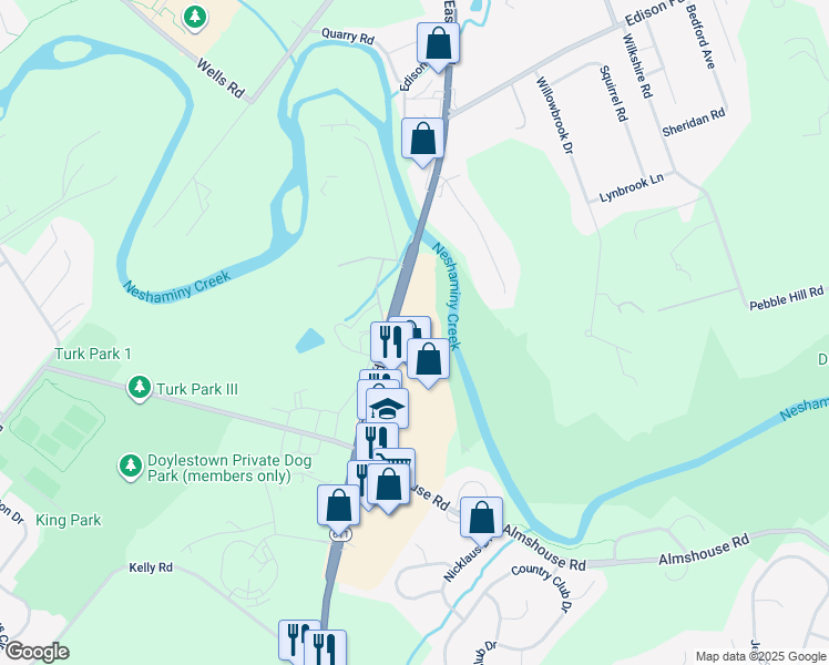 map of restaurants, bars, coffee shops, grocery stores, and more near 1745 South Easton Road in Doylestown