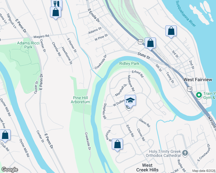 map of restaurants, bars, coffee shops, grocery stores, and more near 611 Erford Road in Camp Hill
