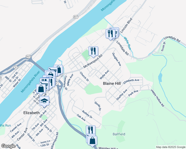 map of restaurants, bars, coffee shops, grocery stores, and more near 308 Monongahela Avenue in Elizabeth