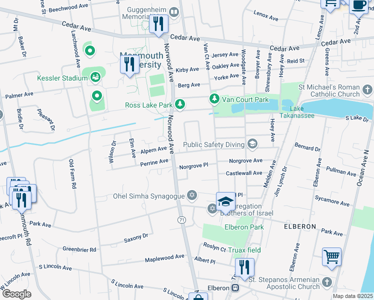 map of restaurants, bars, coffee shops, grocery stores, and more near 881 Red Oaks Drive in Long Branch