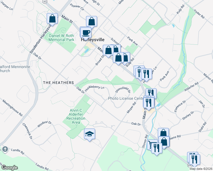 map of restaurants, bars, coffee shops, grocery stores, and more near 343 Huckleberry Lane in Harleysville