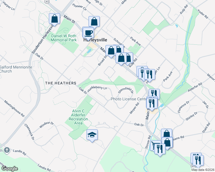 map of restaurants, bars, coffee shops, grocery stores, and more near 343 Huckleberry Lane in Harleysville