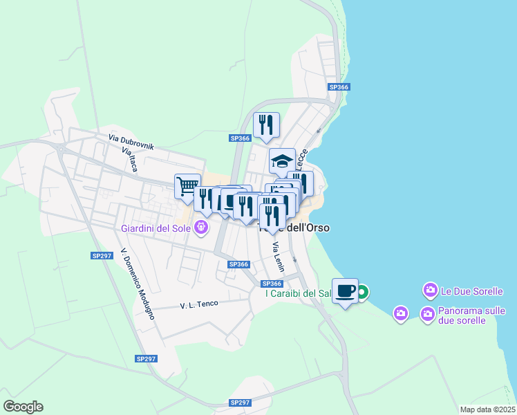 map of restaurants, bars, coffee shops, grocery stores, and more near Via Pergolesi in Torre Dell'Orso