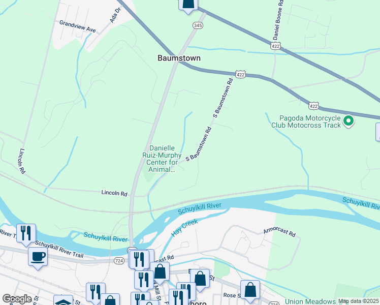 map of restaurants, bars, coffee shops, grocery stores, and more near 402 South Baumstown Road in Birdsboro