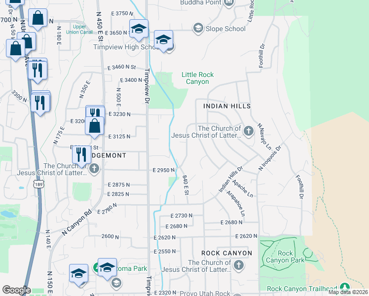 map of restaurants, bars, coffee shops, grocery stores, and more near 3077 Bannock Drive in Provo