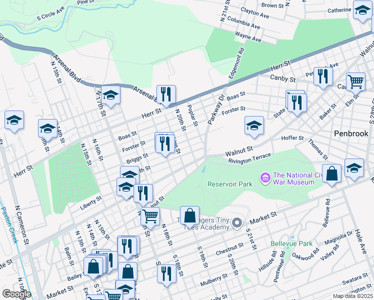 map of restaurants, bars, coffee shops, grocery stores, and more near 1942 North Street in Harrisburg