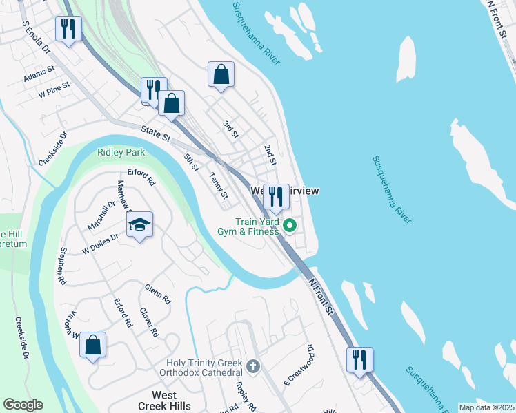 map of restaurants, bars, coffee shops, grocery stores, and more near 405 South Enola Drive in Enola