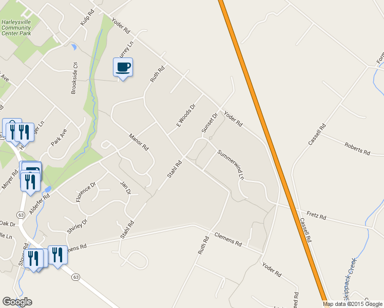 map of restaurants, bars, coffee shops, grocery stores, and more near 270 Summerwind Lane in Harleysville