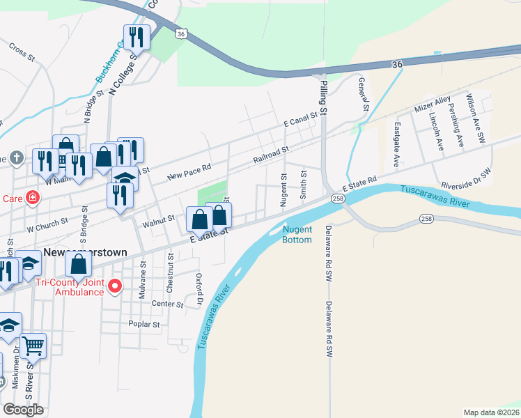 map of restaurants, bars, coffee shops, grocery stores, and more near 418 Dewey Avenue in Newcomerstown