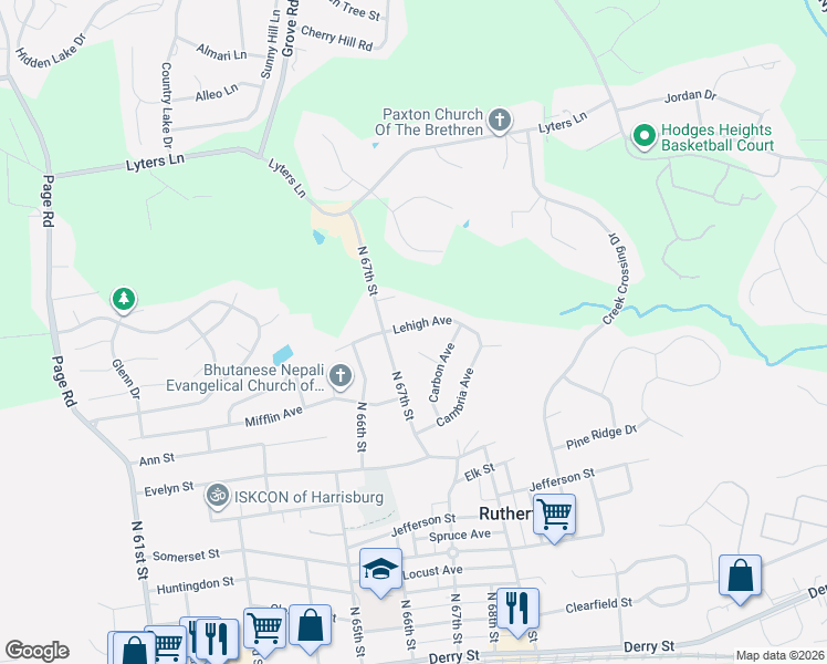 map of restaurants, bars, coffee shops, grocery stores, and more near 6738 Lehigh Avenue in Harrisburg